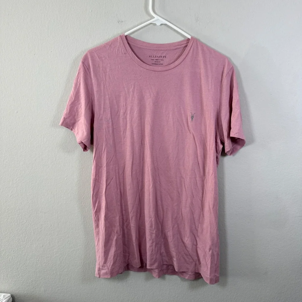 AllSaints Tonic Crew T-Shirt Mens Large Slim Fit Rose Pink Organic Cotton Logo